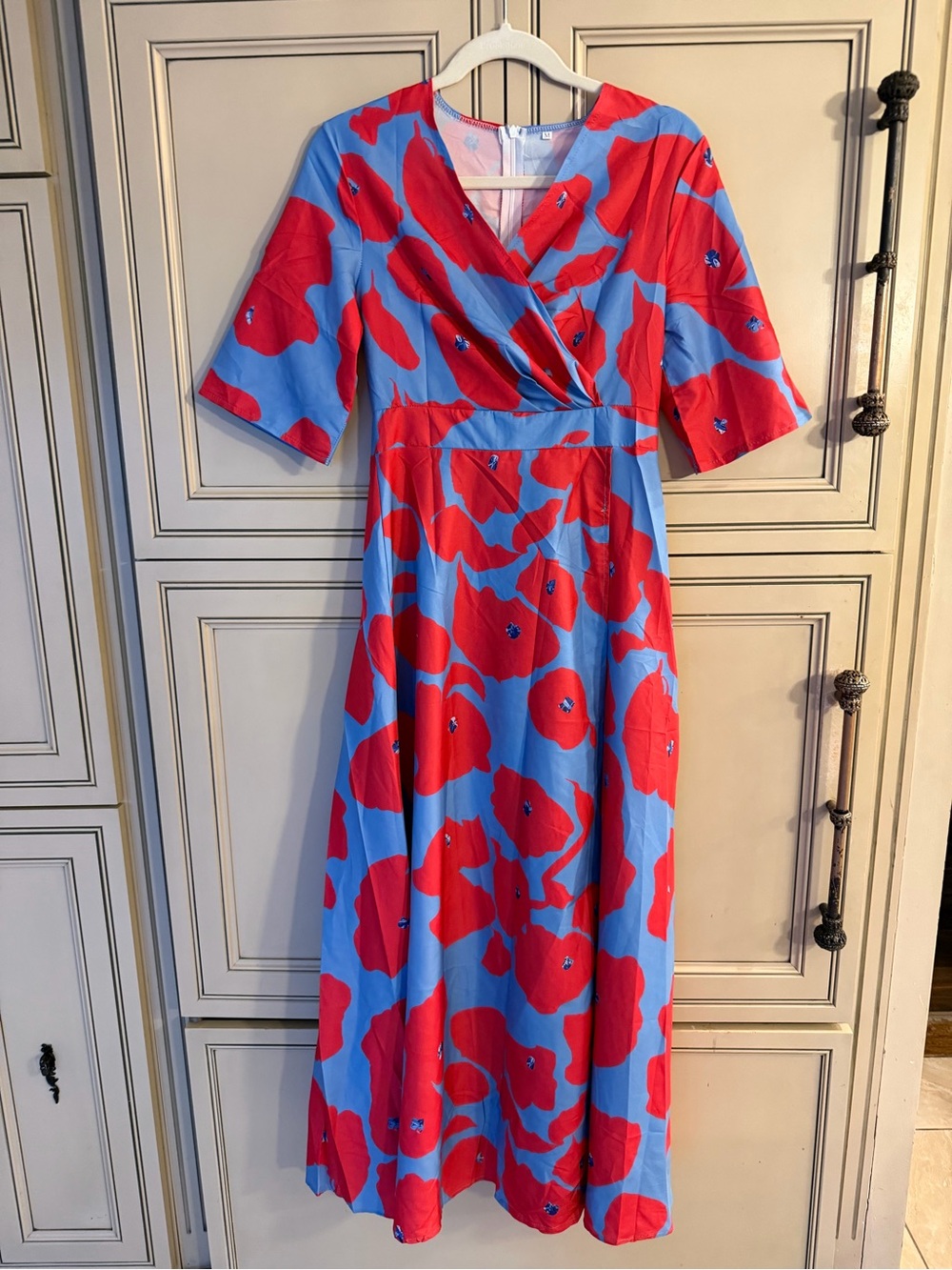 New Blue Red Floral Wrap Slit Midi Maxi Dress Sundress Resortwear Sz Medium
